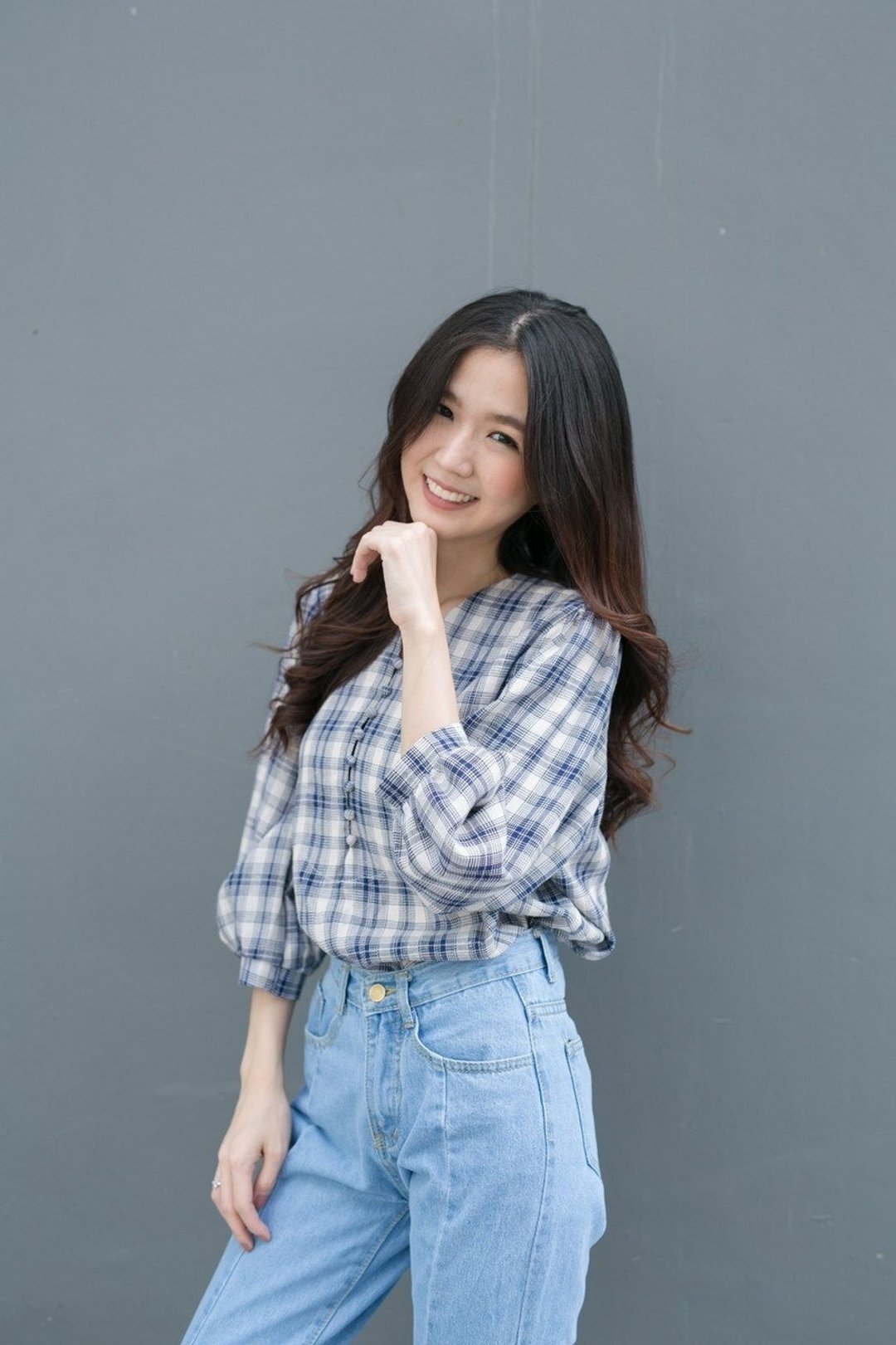 Plaid puffsleeve top - 女装上衣 - 其他材质 蓝色