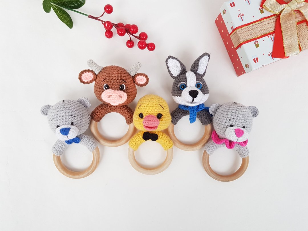 Crochet Pattern Set baby rattle 4 in 1 - bull, bear, duck, dog - Crochet Animal - 手工艺教程/工具书 - 其他材质 