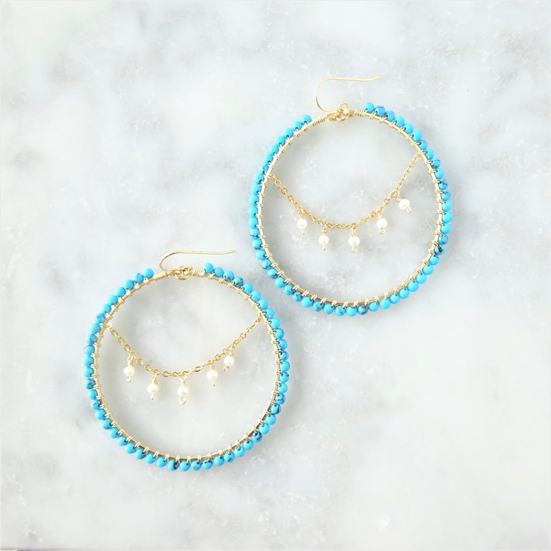 14kgf turquoise * freshwater pearl chandelier wrapped pierce ear needle type - 耳环/耳夹 - 其他金属 蓝色