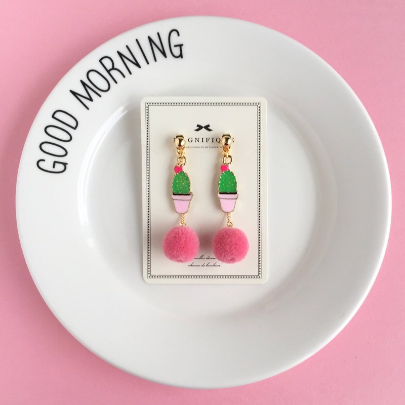 耳針/耳夾 ﹣粉色綠色仙人掌多肉植物可愛毛球耳環植物耳環冬季毛毛球球耳環垂吊耳環垂墜耳環粉紅色耳環 - 耳环/耳夹 - 羊毛 粉红色