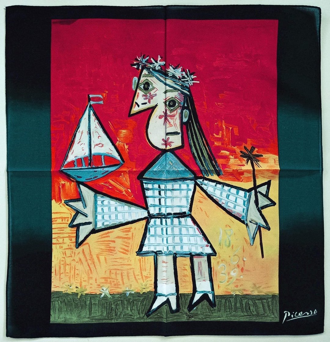 巴勃罗毕卡索艺术作品版画，Niña con Barco 1961，立体主义，19.5 x 19 英寸 - 手帕/方巾 - 棉 红色