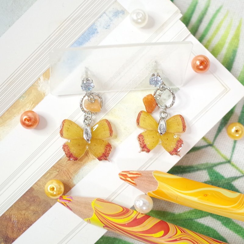 台湾特有亚种 紫日灰蝶 红东菱玉 绘画耳环 耳夹/耳针 - 耳环/耳夹 - 防水材质 橘色
