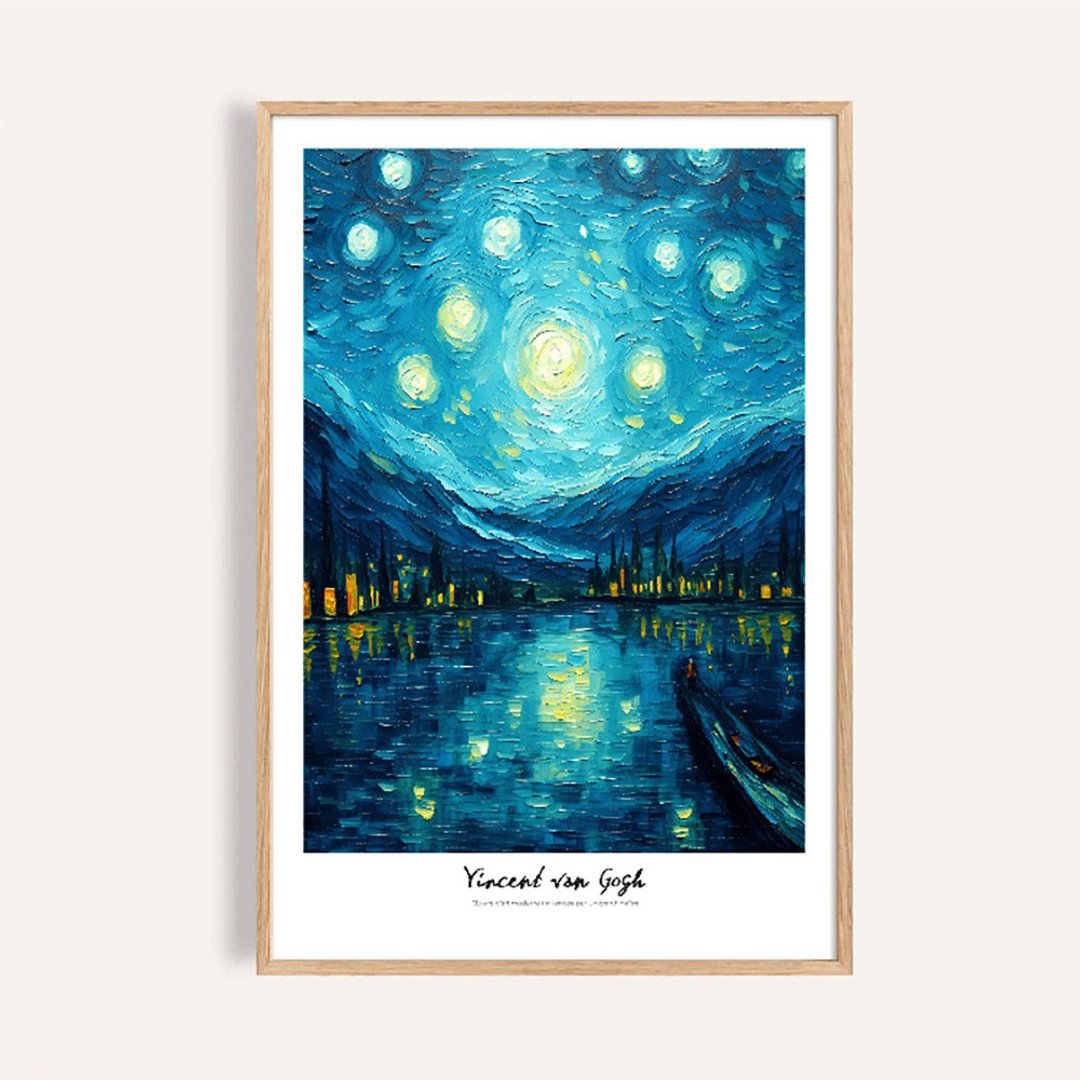 湖畔星夜 / 梵谷风格璀璨星空与湖面光影艺术装饰画 - 海报/装饰画/版画 - 纸 