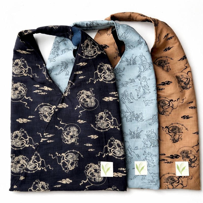 附内袋与扣具的和风现代包 鸟兽戏画・风神雷神 日本传统图样 - 手提包/手提袋 - 棉．麻 