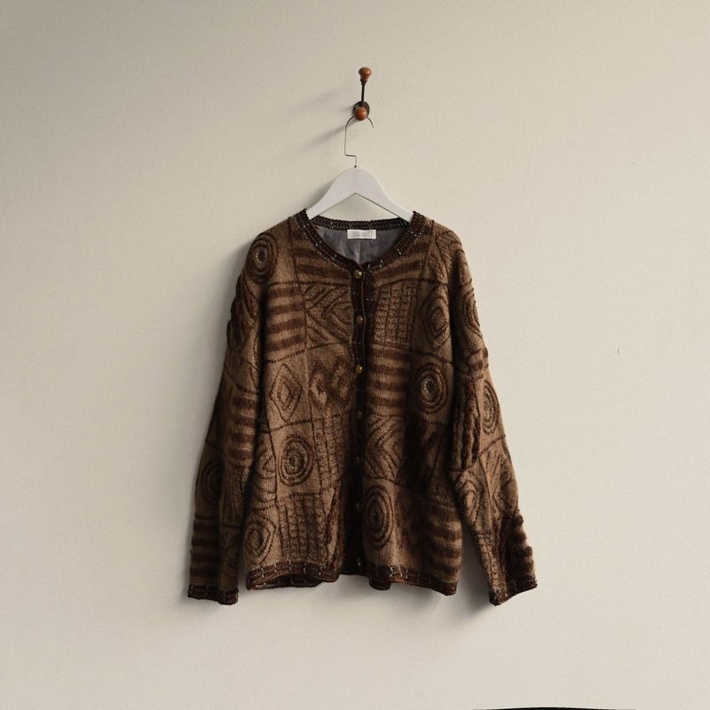 【NaSuBi Vintage】图腾线绣毛海古着开襟毛衣 - 女装针织衫/毛衣 - 其他人造纤维 咖啡色