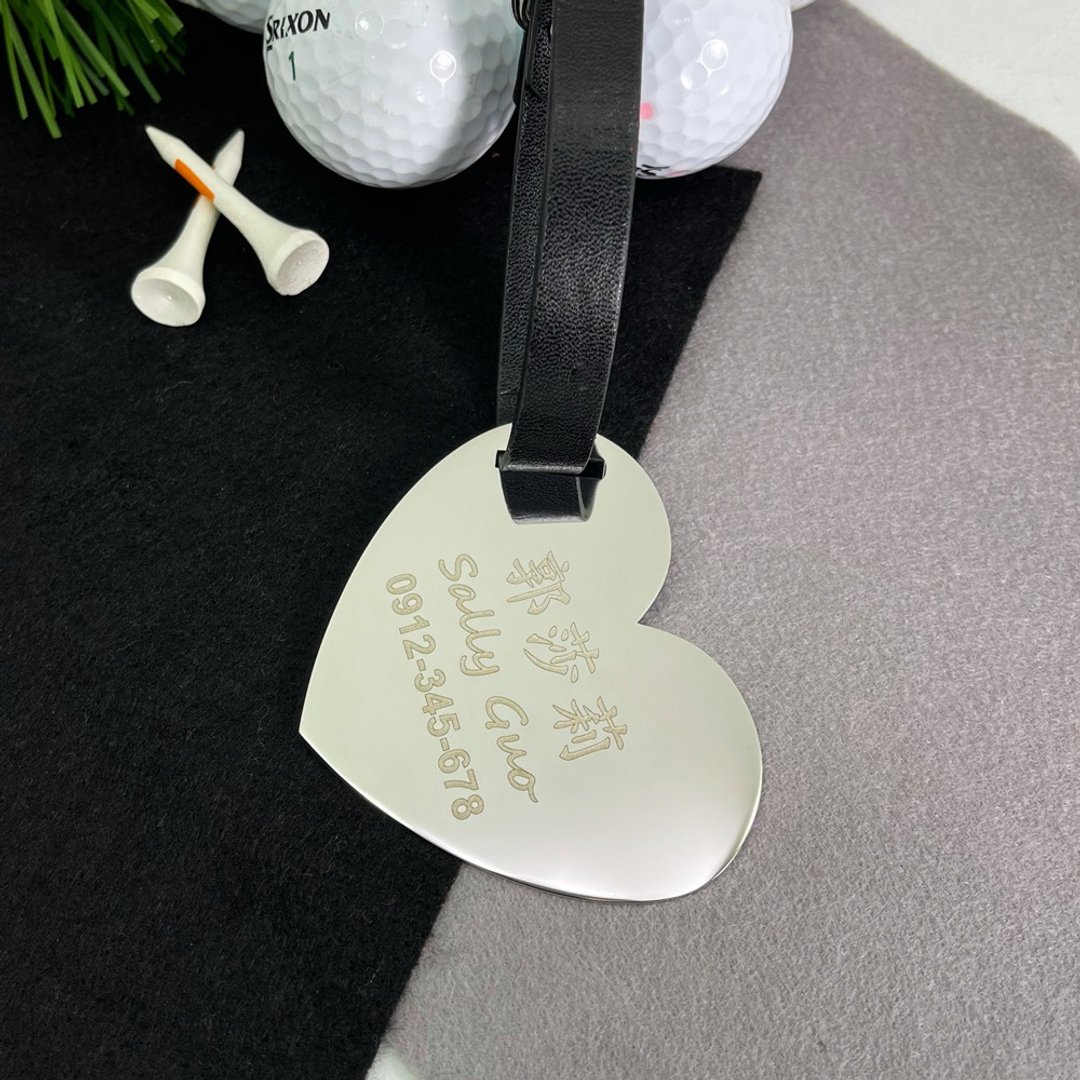 【FulgorJewel】定制化高尔夫球袋姓名牌 爱心造型 免费刻字 - 行李吊牌 - 不锈钢 银色