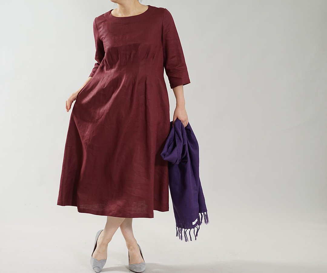 wafu  Linen dress / midi length / 3/4 sleeve / clew neck / dark red a74-2 - 洋装/连衣裙 - 棉．麻 红色