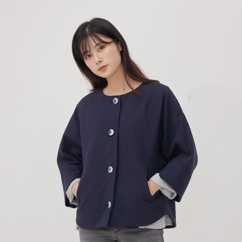Anita 双层棉短版七分袖外套/深蓝 - 女装休闲/机能外套 - 棉．麻 蓝色