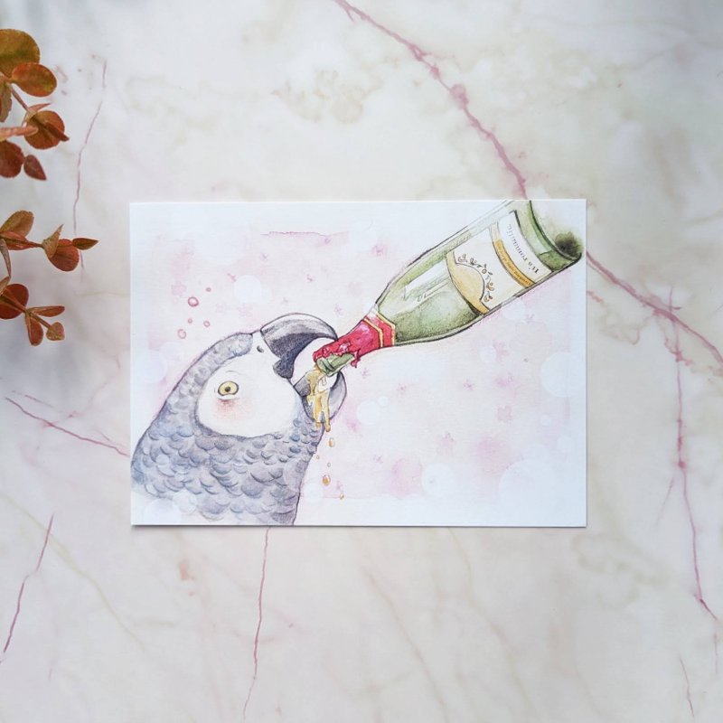 灰鹦鹉与红酒明信片/万用卡 - 卡片/明信片 - 纸 粉红色