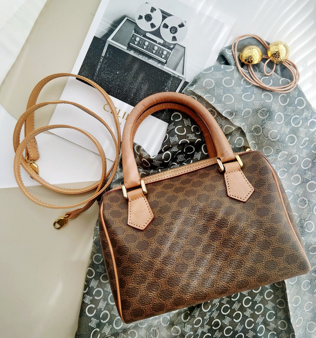 中古美品 CELINE 棕老花 迷你波士顿包 单肩包斜背包斜挎包手拿包 - 侧背包/斜挎包 - 防水材质 咖啡色