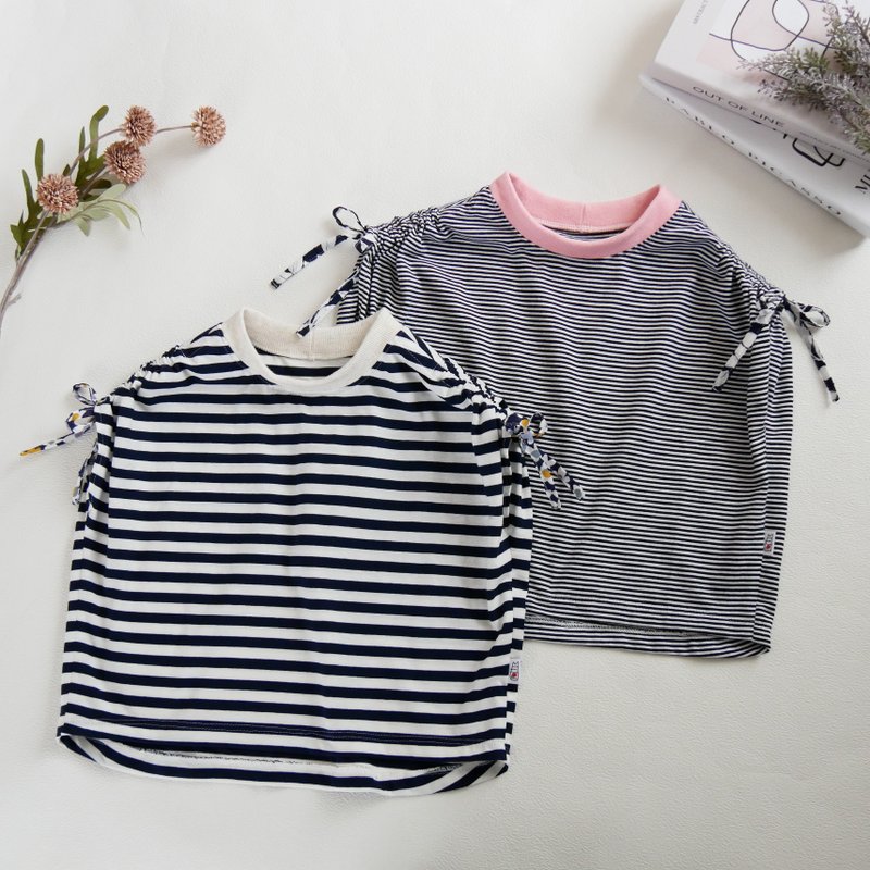婴幼童 条纹上衣 肩部蝴蝶结 - 童装上衣 - 棉．麻 多色