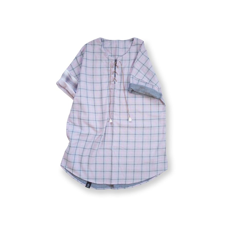 二重织上衣 Lace Up Checker Boho - 女装上衣 - 棉．麻 