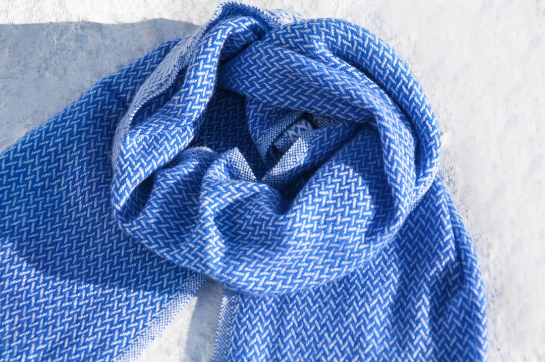 喀什米尔Cashmere/针织围巾/纯羊毛围巾/羊毛披巾-厚款蓝色海洋 - 围巾/披肩 - 羊毛 蓝色