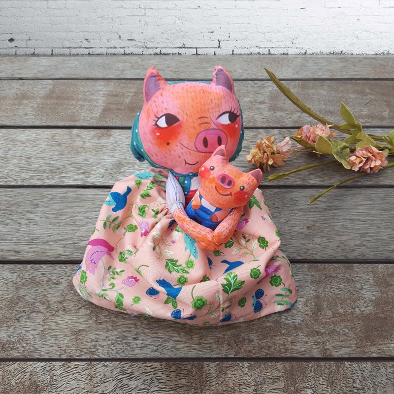 布偶公仔｜猪妈妈和她的小猪 - 玩偶/公仔 - 棉．麻 粉红色