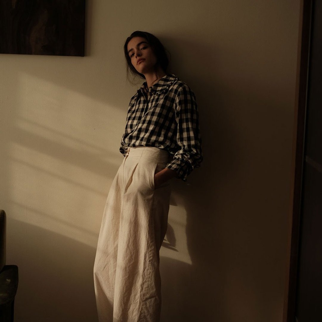 黑白維希格亞麻棉居家服 / 上衣 / 褲子 / 鬆弛感舒適可外穿套裝 - 女装上衣 - 棉 灰色
