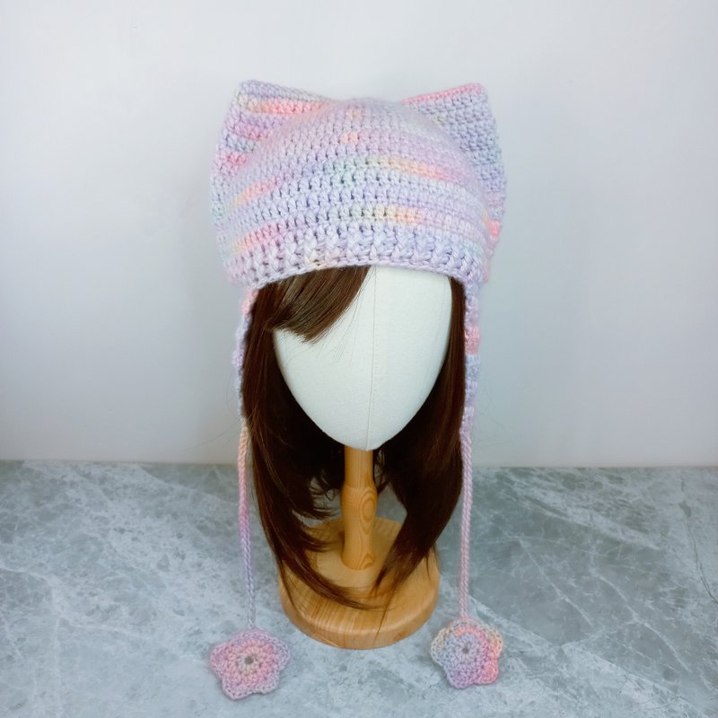 粉彩段染猫耳帽 护耳帽 毛线帽 手钩编织帽 - 帽子 - 棉．麻 粉红色