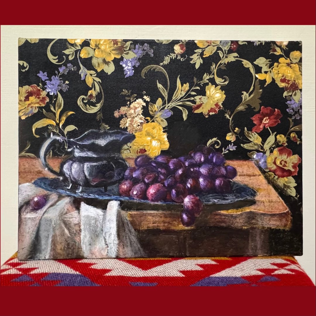 纸有一幅-木桌上的葡萄-压克力颜料作品 - 海报/装饰画/版画 - 棉 多色
