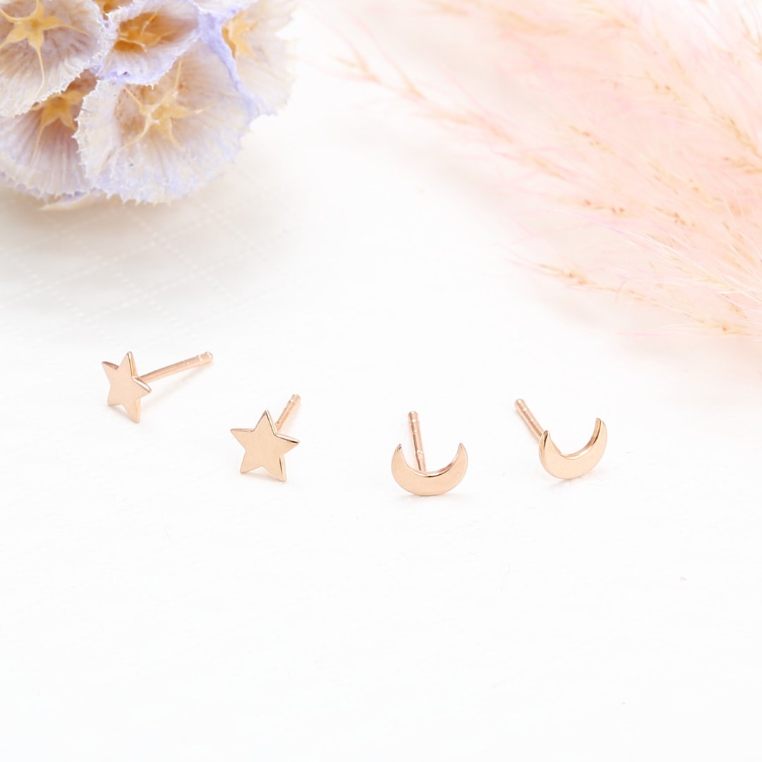 【Angel & Me】星月 星星 月亮 一对 s925 纯银厚镀 18k 玫瑰金 耳环 - 耳环/耳夹 - 玫瑰金 金色