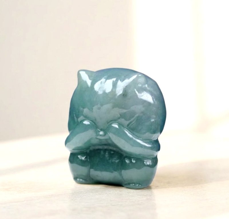 蓝水翡翠巧雕非礼勿视小猫咪 | 天然A货翡翠 | 送礼 - 玩偶/公仔 - 玉石 绿色