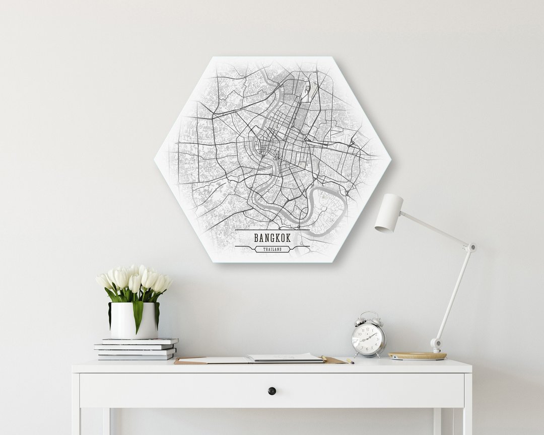 Bangkok Thailand Canvas Map, Thailand Hexagonal Wall Art, Anniversary Gift - 墙贴/壁贴 - 其他材质 灰色