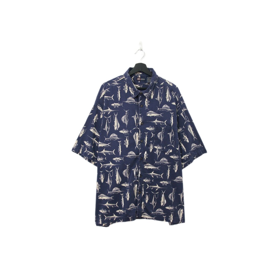 Back to Green-鱼图腾短袖衬衫 深蓝鱼图鉴 ff-02 vintage shirt - 男装衬衫 - 棉 