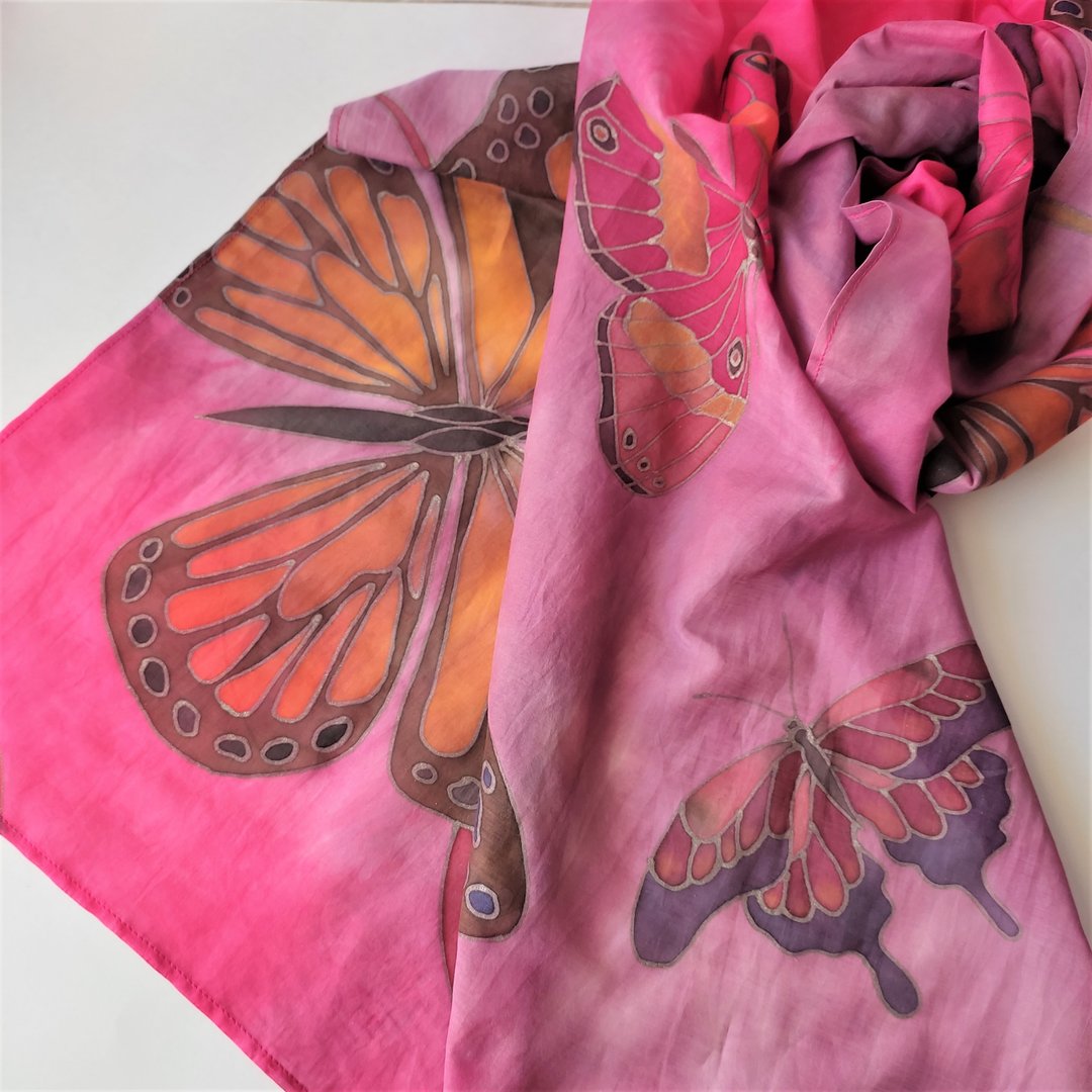 Hot pink and orange scarf Monarch butterfly scarf Silk cotton blend scarf - 丝巾 - 丝．绢 粉红色