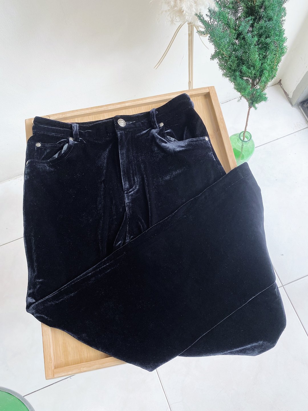 黑暗夜星光闪闪 古董古着金丝绒八分小喇叭长裤宽裤pants vintage - 女装长裤 - 聚酯纤维 黑色