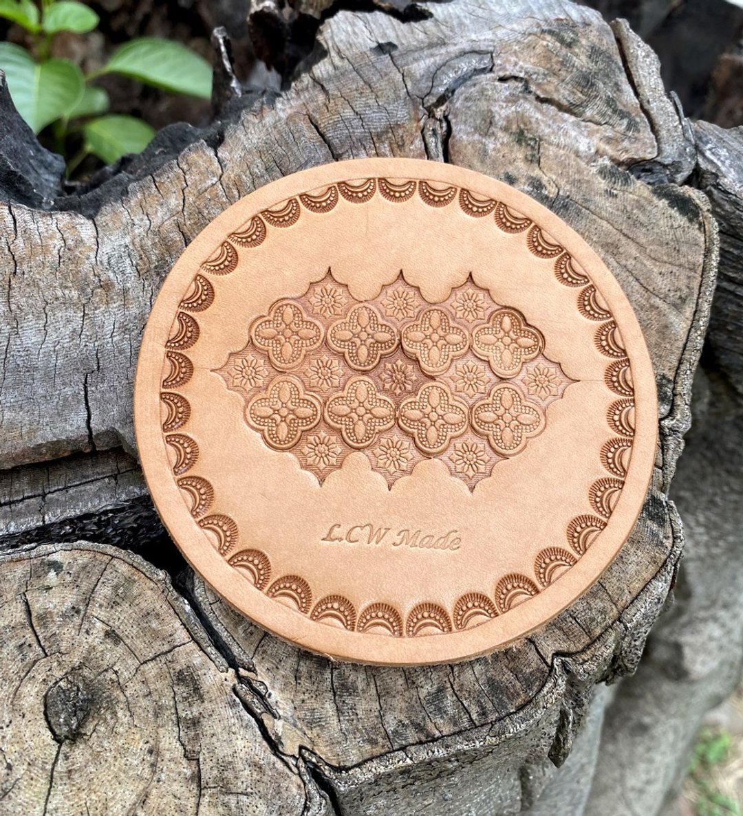【手工制 】 复古海棠花皮革杯垫(10CM) - 其他 - 真皮 橘色