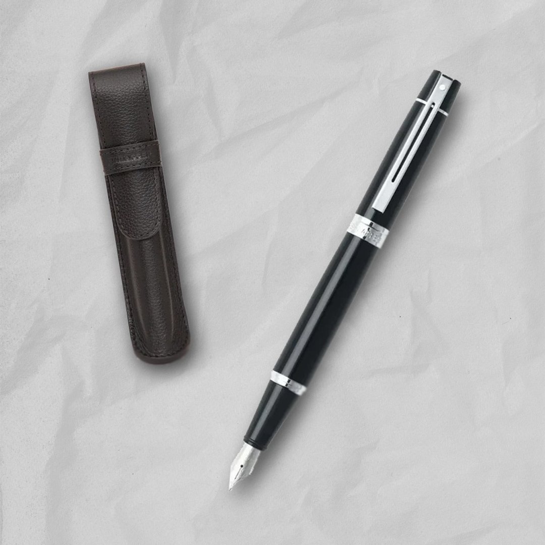 SHEAFFER  300 系列黑杆银夹钢笔-F 尖 + 皮革笔袋/磁性手机卡夹礼盒 - 钢笔 - 其他金属 黑色