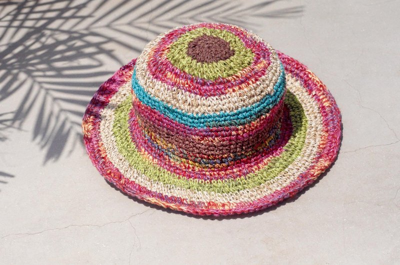 限量一件 手工编织棉麻帽/编织帽/渔夫帽/遮阳帽/草帽 - 魔幻缤纷蔓越莓冰淇淋色条纹 - 帽子 - 棉．麻 多色
