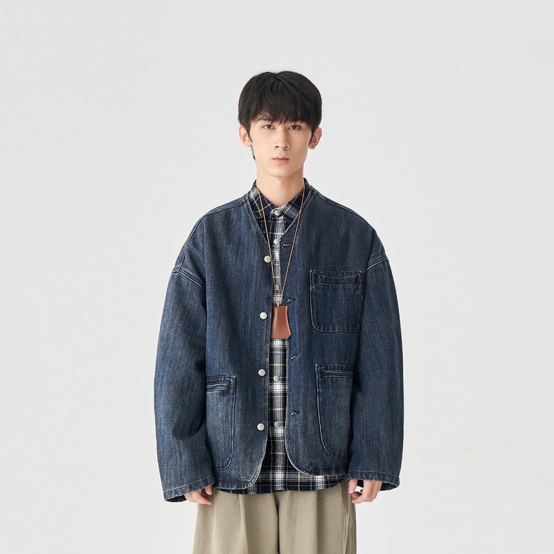 TopBasics 无领牛仔外套 - 男装外套 - 棉．麻 蓝色