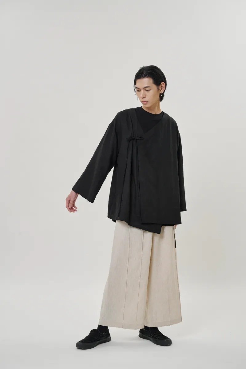 天然麻线褶宽裤 Linen Pleats Hakama - 男士长裤 - 棉．麻 卡其色