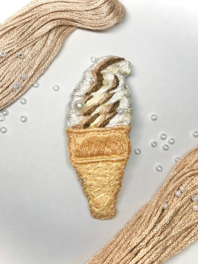 手工刺绣冰淇淋圣代发夹生日礼物交换礼物甜品发饰 - 发饰 - 绣线 咖啡色