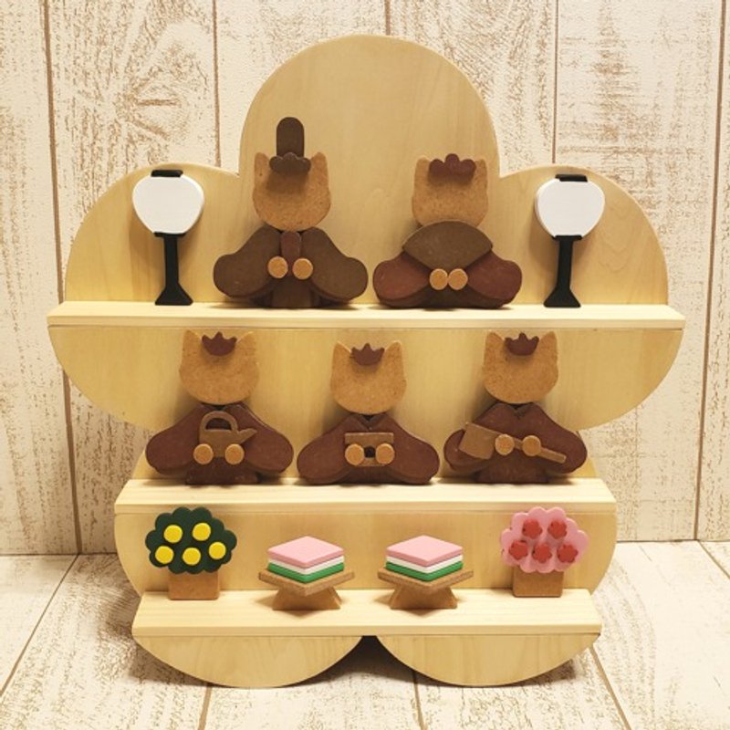 桃花造型木制猫咪雏人形 : 三段五人装饰组合 - 玩偶/公仔 - 木头 咖啡色