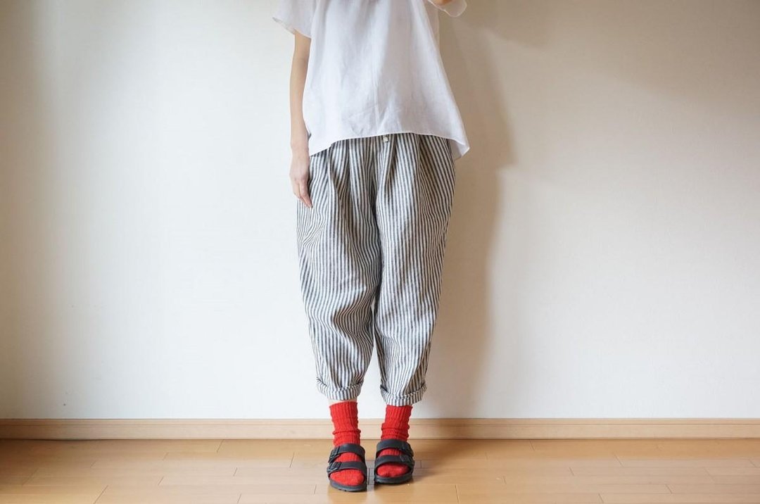 JAPAN Linen Stripe Tuck Pants ladies - 女装长裤 - 棉 