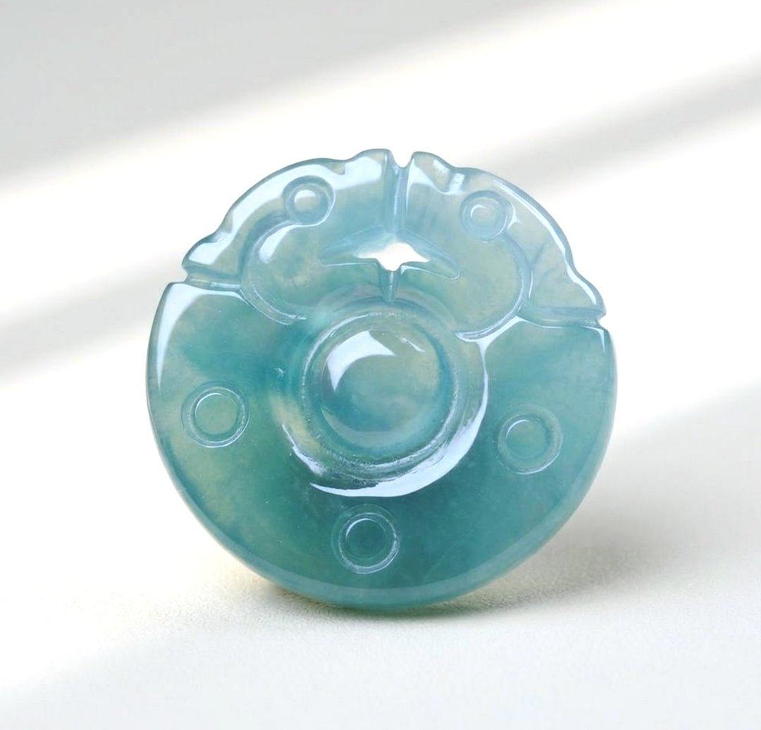 冰种蓝水翡翠双龙玉璧 | 裸石 | 天然翡翠 A 货 | 送礼 - 金工/饰品 - 玉石 蓝色