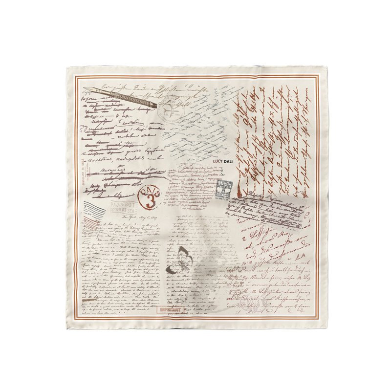 ::真丝丝巾100%silk:: —英文书信印花大方巾 90x90cm礼 - 丝巾 - 丝．绢 多色