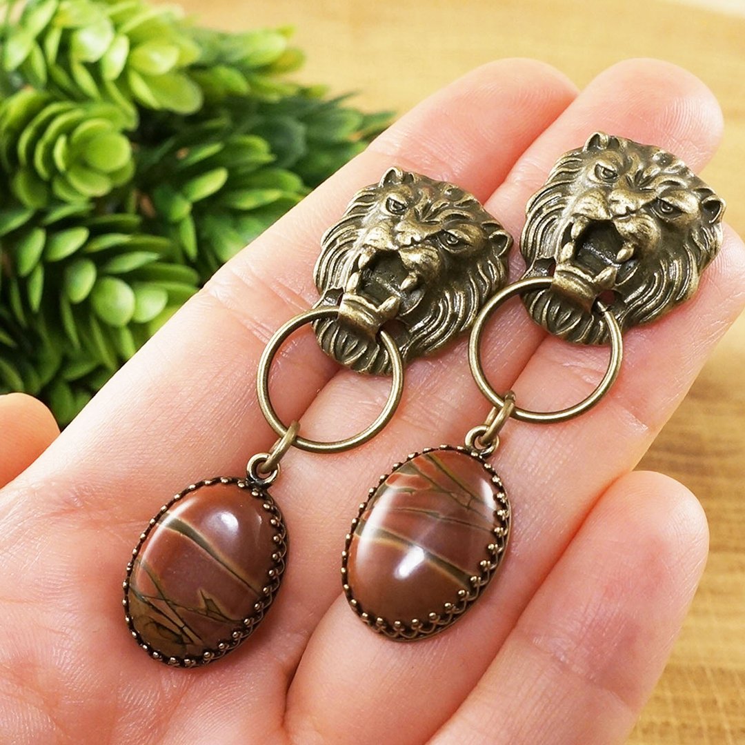 Lion Head Picasso Red Jasper Leo Large Long Bronze Terracotta Earrings Jewelry - 耳环/耳夹 - 半宝石 红色