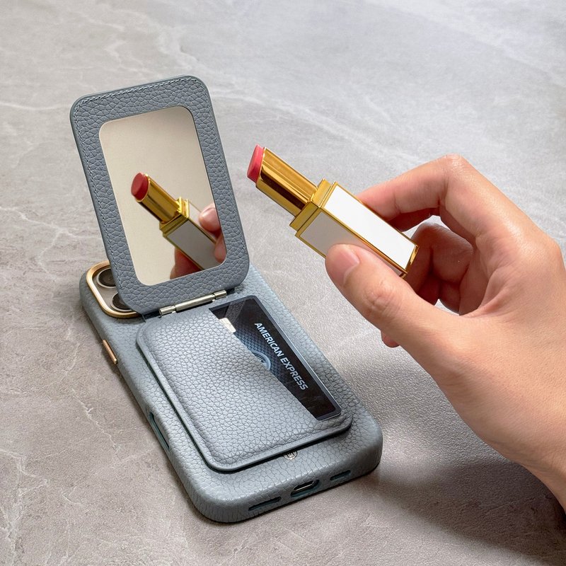 皮革MagSafe钱包支架附化妆镜 iPhone 手机壳 磁吸 Pro Max - 手机座/防尘塞 - 真皮 蓝色