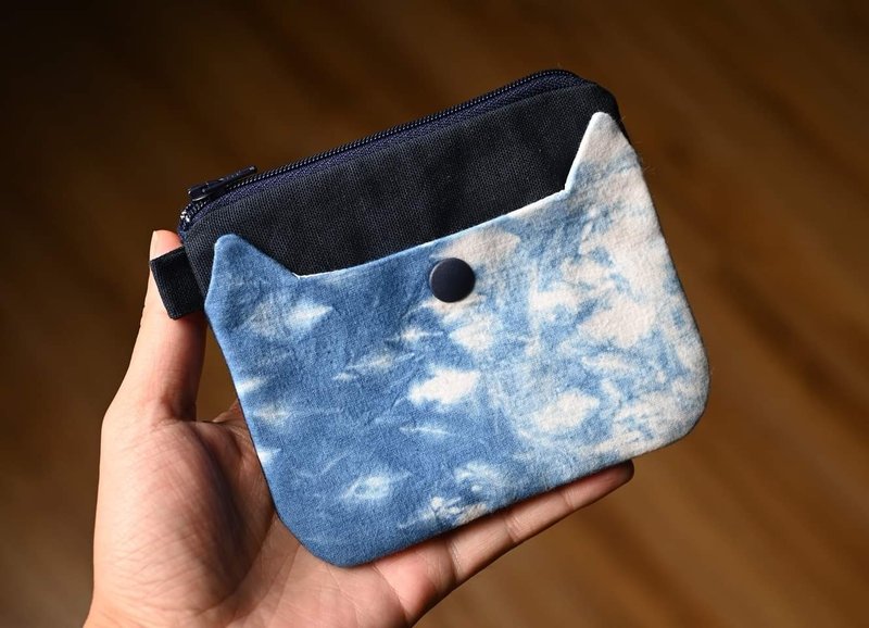 蓝染拉链零钱包-猫 云朵 - 零钱包 - 棉．麻 蓝色