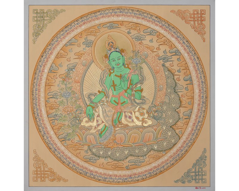 手工绿度母曼陀罗唐卡——慈悲能量的神圣真言艺术 - 墙贴/壁贴 - 其他材质 