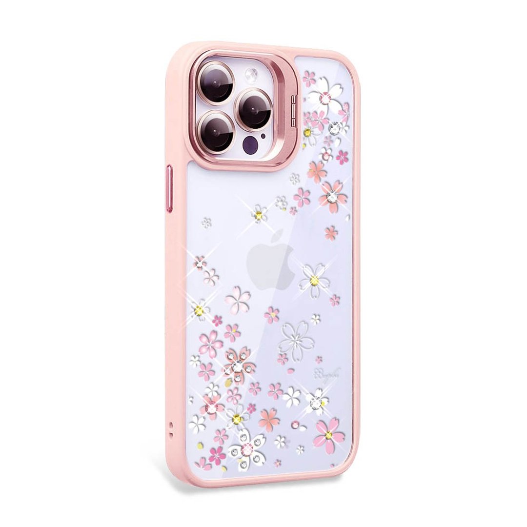 iPhone 15系列 防震双料隐形立架彩钻手机壳-浪漫樱-粉框 - 手机壳/手机套 - 其他材质 多色