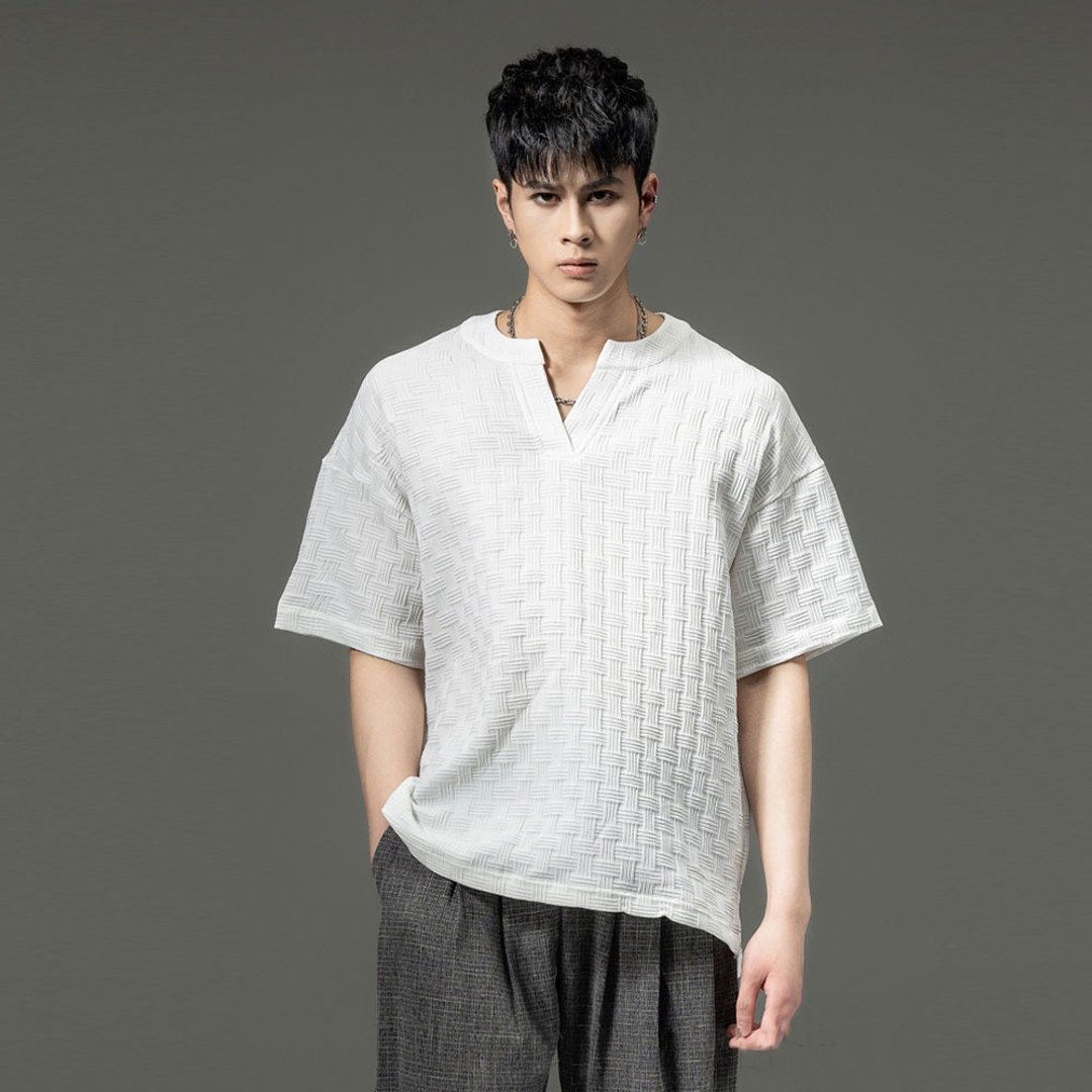 品立夏季男士肌理提花V领短袖T恤上衣 - 男装上衣/T 恤 - 棉 