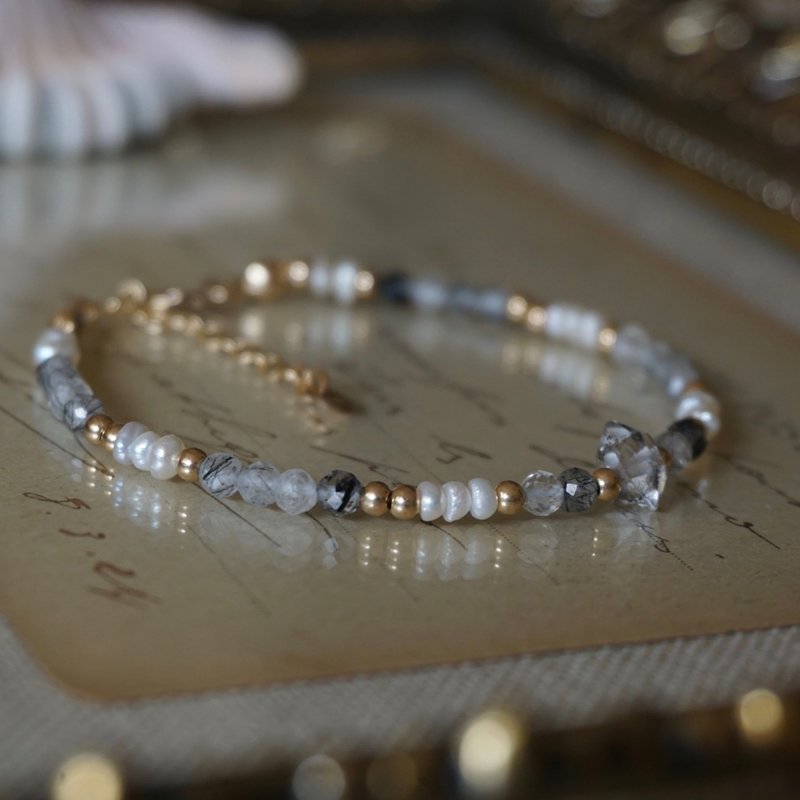 ll 暗夜微光的珍藏 ll 赫基蒙 淡水珍珠 黑发晶 美国14kgf手链 - 手链/手环 - 半宝石 黑色