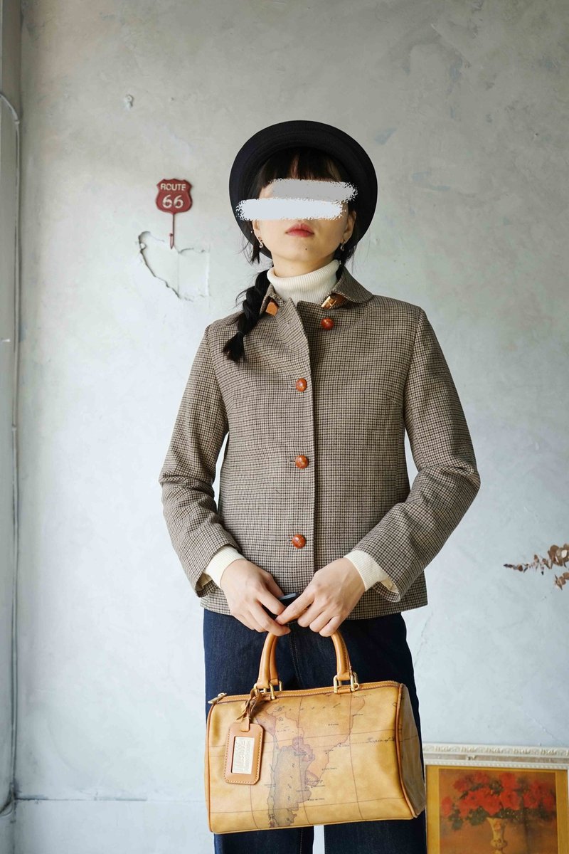 寻宝古着-日本制卡其棕千鸟格短版毛料翻领外套 - 女装休闲/机能外套 - 羊毛 卡其色