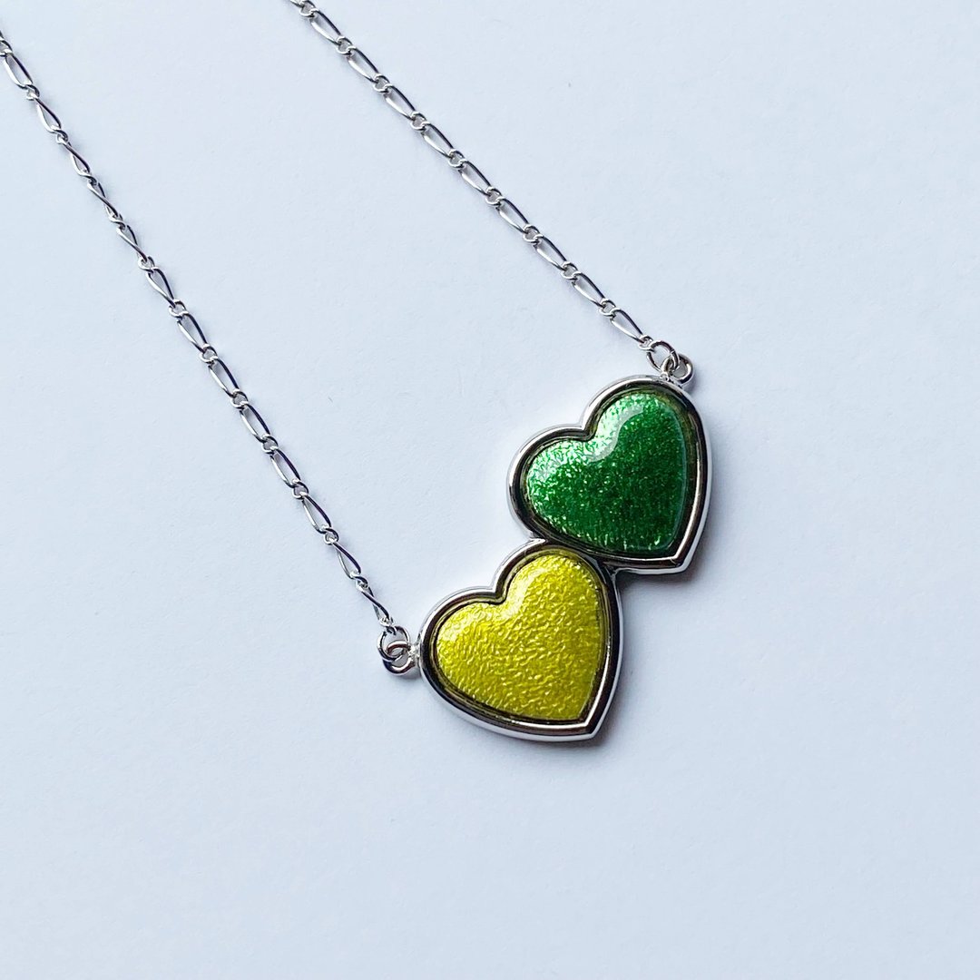 Twin Heart [Green &amp; Yellow] Cloisonne Pendant, Pure Silver Cloisonne - 项链 - 其他材质 黄色