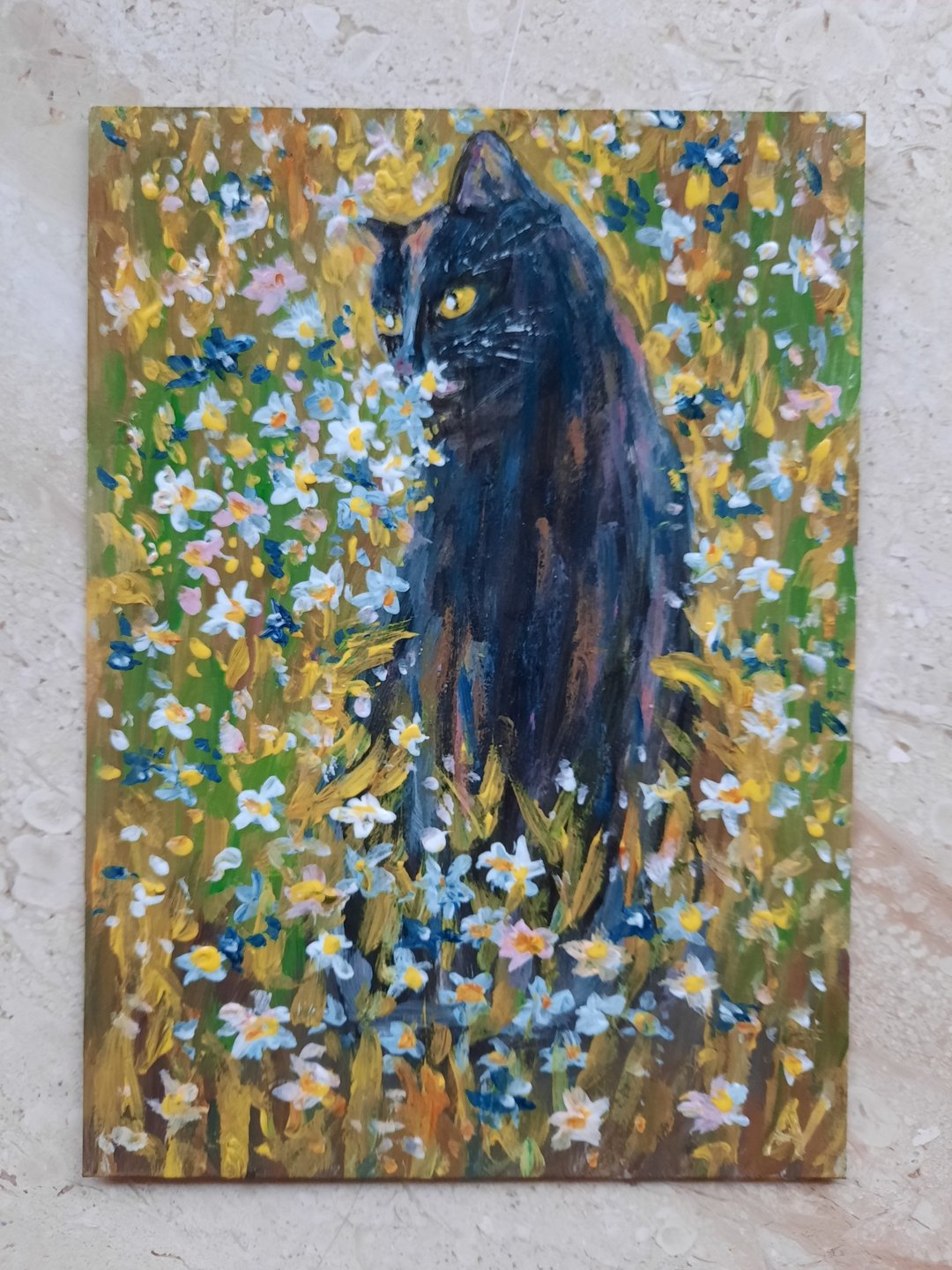黑猫迷你压克力画，花朵可爱小猫手工艺，生日礼物 - 墙贴/壁贴 - 环保材料 多色