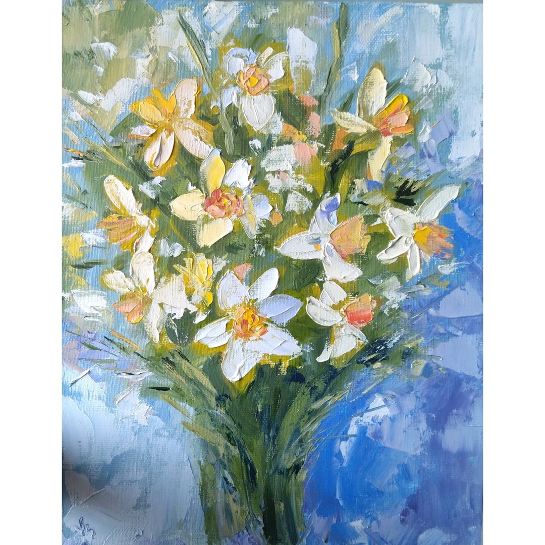 Spring Original Oil Painting Narcissus Artwork Daffodils Wall Art - 海报/装饰画/版画 - 其他材质 多色