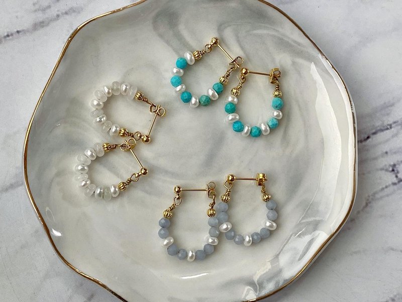 天然石珍珠耳环 白玉 天使石 绿松石 - 耳环/耳夹 - 半宝石 