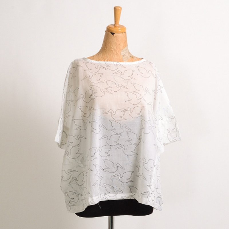 Flying Bird Print Short-sleeved Blouse - 女装上衣 - 棉．麻 白色